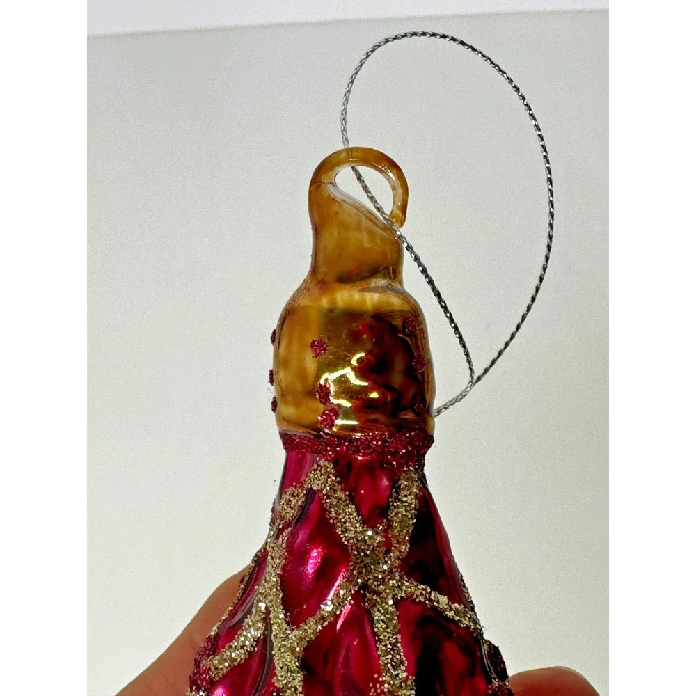 Red Diamond Glass Christmas Ornament Textured Waffle Pattern Gold Glitter